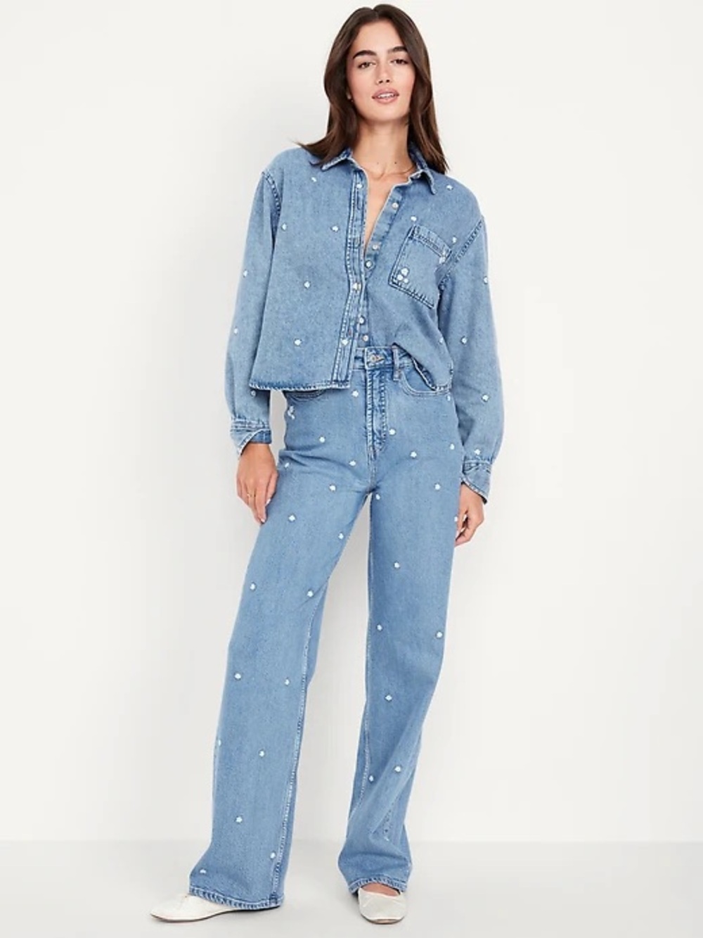 Light Blue Daisy Embroidered High-Rise Wide Leg Jeans